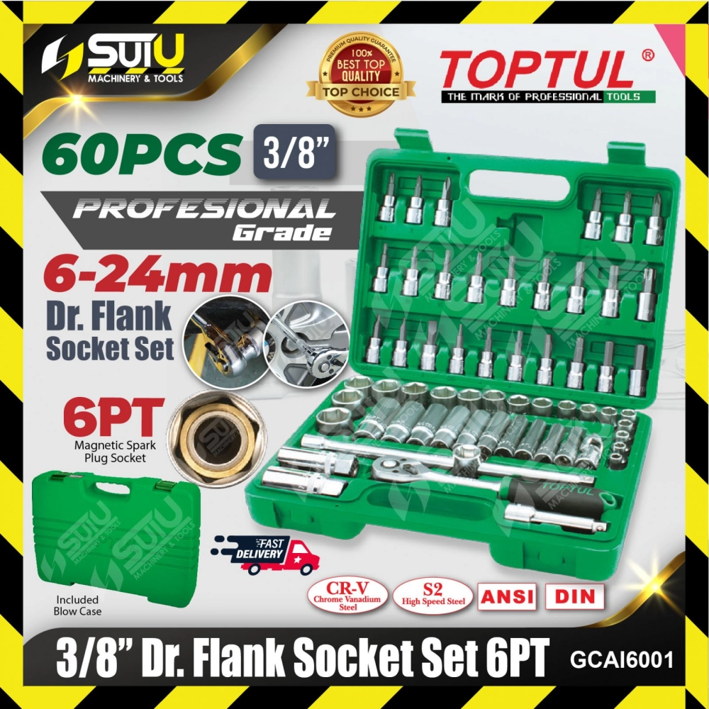 Toptul GCAI6001 60pcs 3/8" Professional Grade Dr. Flank Socket Set 6PT