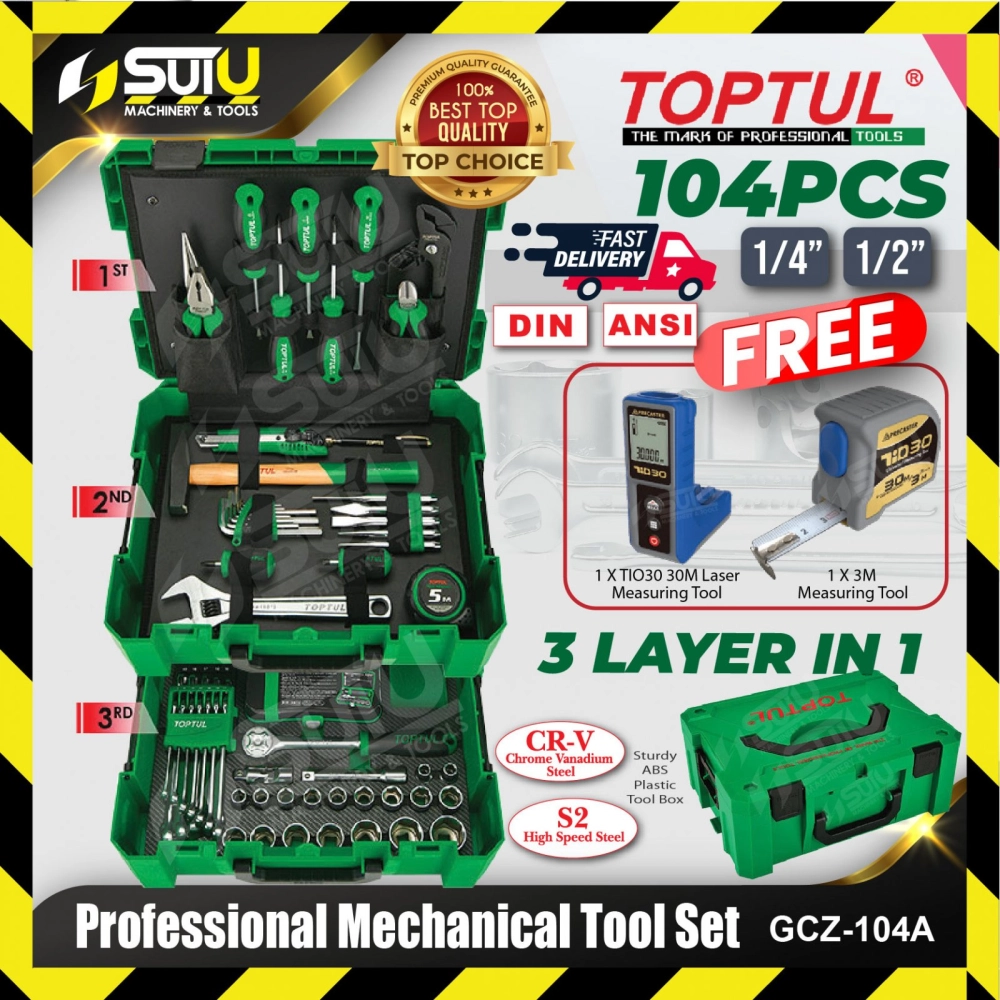 TOPTUL GCZ-104A / GCZ104A / GCZ 104A 104pcs 1/4" & 1/2" 3 Layer in 1 Professional Mechanical Tool Set