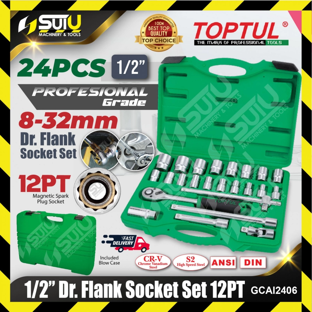 TOPTUL GCAI2406 24pcs 1/2" Professional Grade Dr. Flank Socket Set 12PT