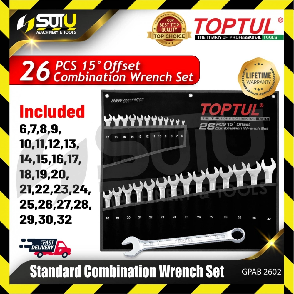 TOPTUL GPAB2602 26pcs 15° Offset Standard Combination Wrench Set