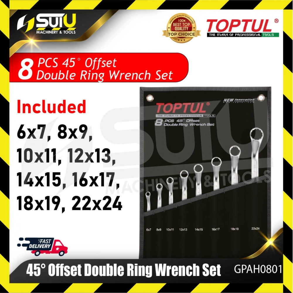 TOPTUL GPAH0801 8pcs 45°C Offset Double Ring Wrench Set