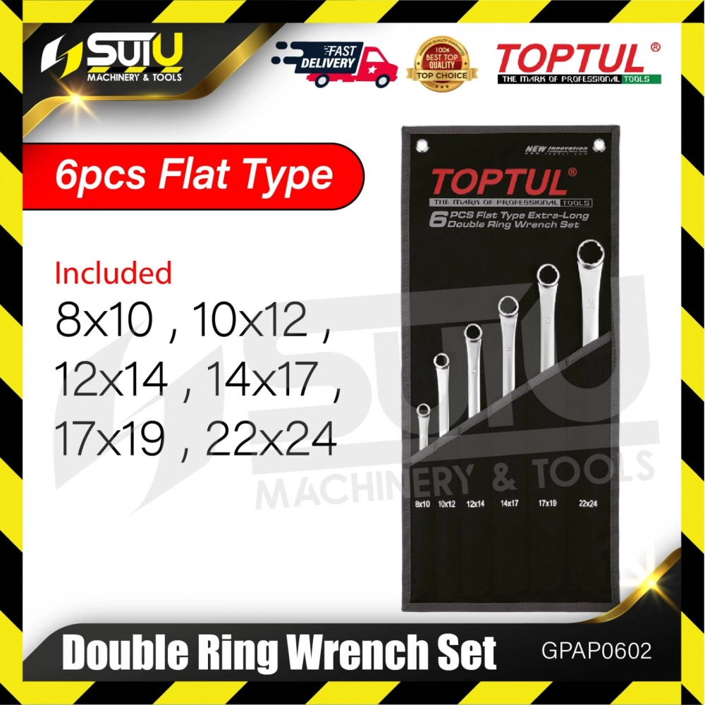 TOPTUL GPAP0602 6pcs Flat Type Extra-Long Double Ring Wrench Set