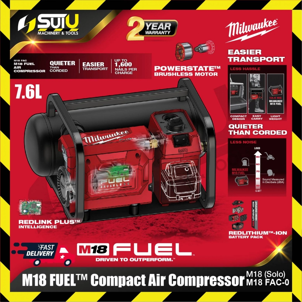 [SOLO] MILWAUKEE M18 FAC-0 FUEL 7.6L Compact Air Compressor (WITHOUT BATTERY & CHARGER)