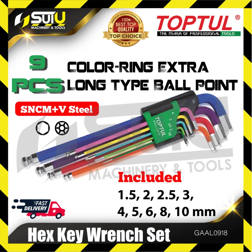 TOPTUL GAAL0918 9pcs Color-Ring Extra long Type Ball Point Hex Key Wrench Set