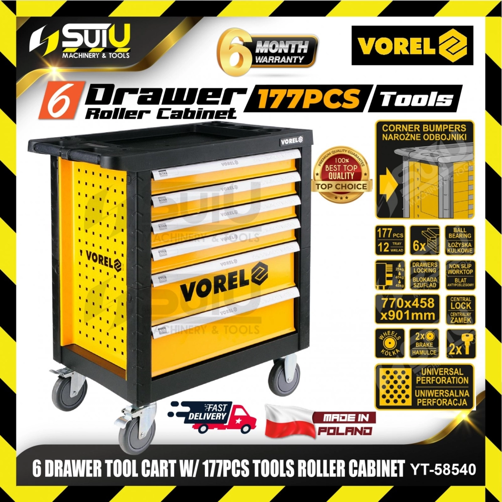 VOREL YT-58540 / YT58540 / YT 58540 6 Drawer Tool Cart with 177pcs Roller Cabinet