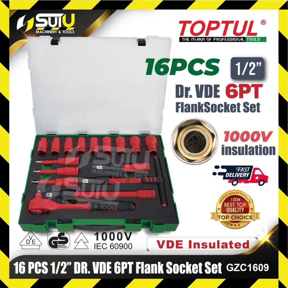 TOPTUL GZC1609 16pcs 1/2'' Dr. VDE 6PT Flank Socket Set