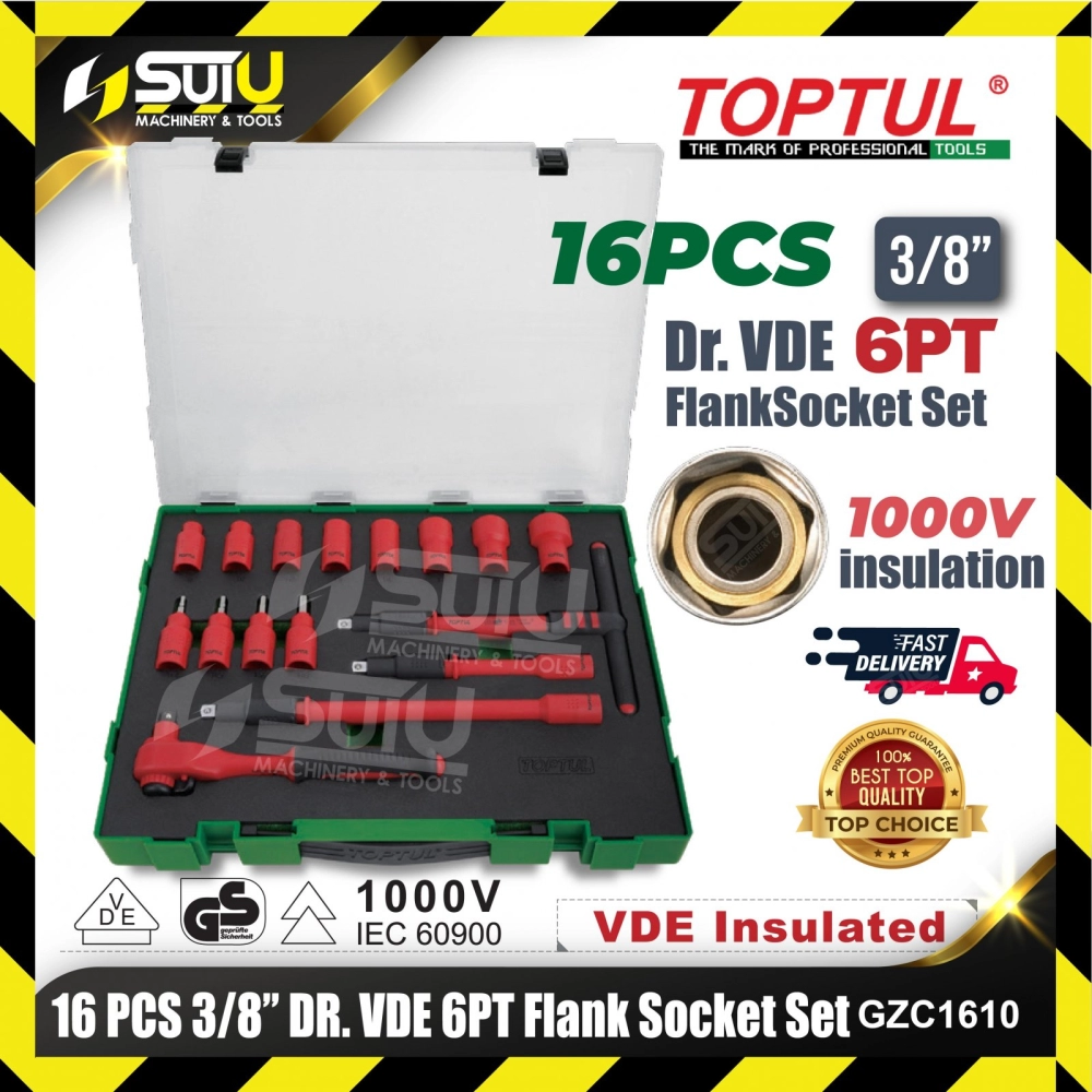 TOPTUL GZC1610 16pcs 3/8'' Dr. VDE 6PT Flank Socket Set