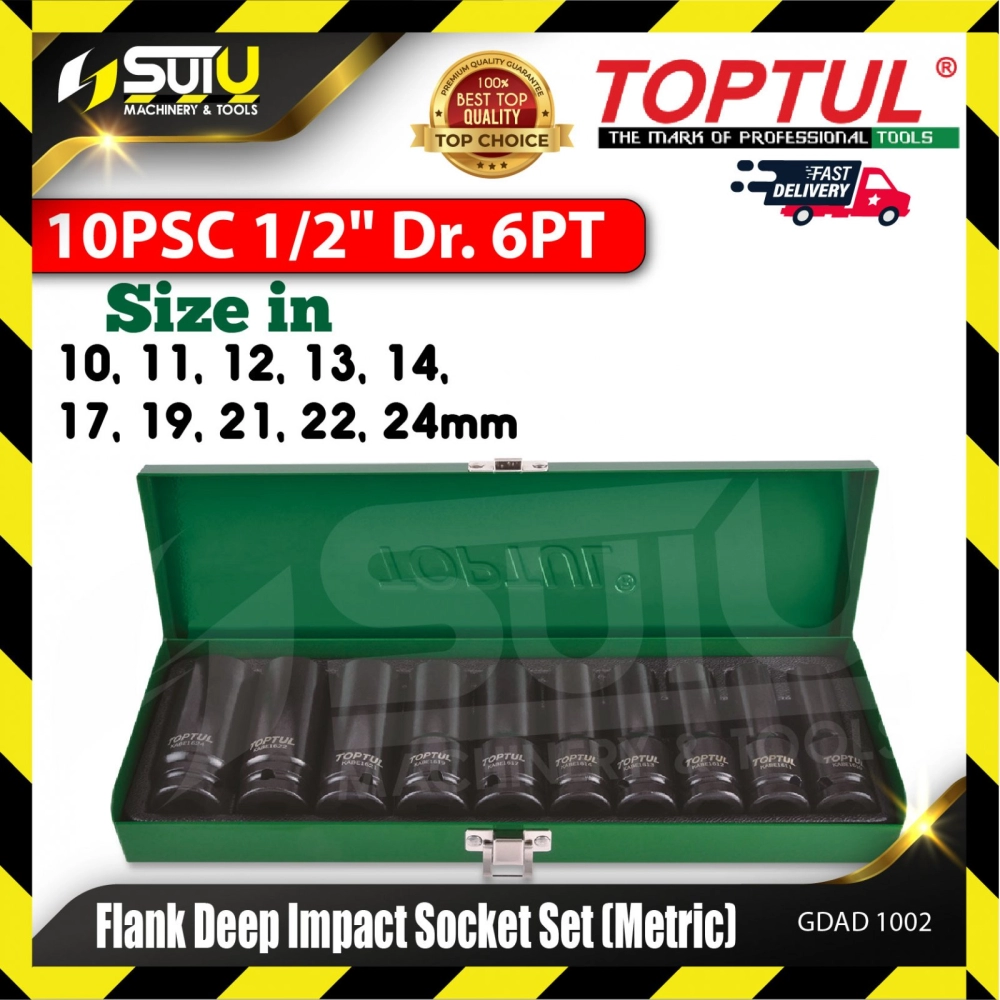 TOPTUL GDAD1002 10pcs 1/2" Dr. 6PT Flank Deep Impact Socket Set (Metric)