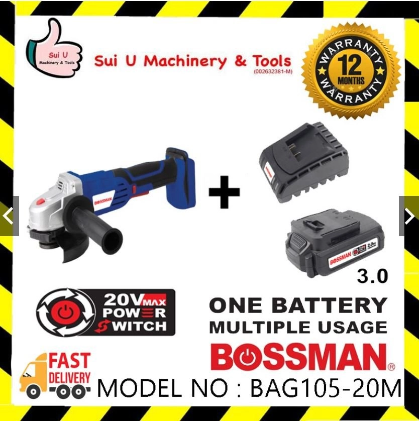 Bossman BAG105-20M 20V 4" Cordless Angle Grinder w/ 1 x 3.0Ah Battery + Charger