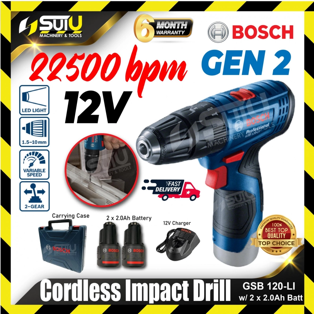 [SET C] BOSCH GSB 120-LI / GSB120-LI GEN II 12V 30NM Cordless Impact Drill 1500RPM w/ 2 x 2.0Ah Batteries + Charger