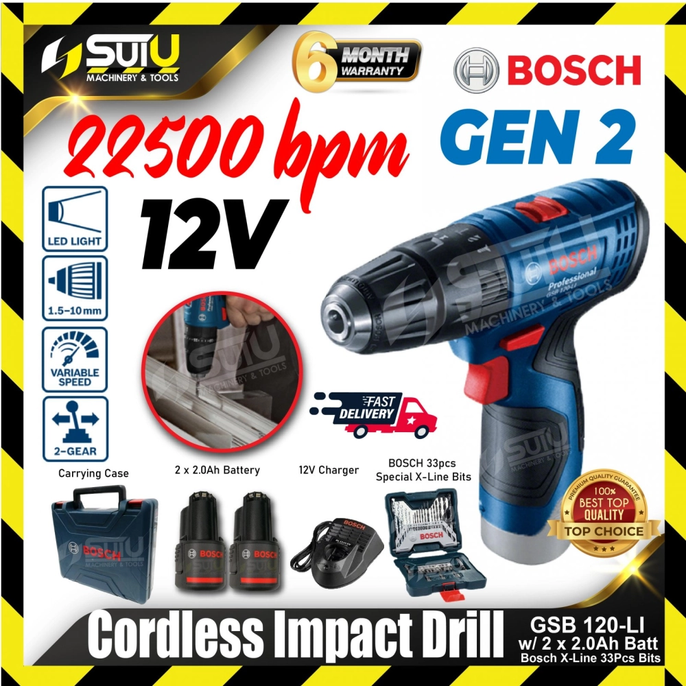 [SET D] BOSCH GSB 120-LI / GSB120-LI GEN II 12V 30NM Cordless Impact Drill 1500RPM w/ 2 x 2.0Ah Batteries + Charger + 33pcs X-line Bits