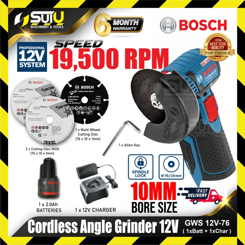 BOSCH GWS 12V-76 / GWS12V-76 12V 10mm Cordless Angle Grinder 19500rpm w/ 1 x 2.0Ah Battery + 1 x Charger