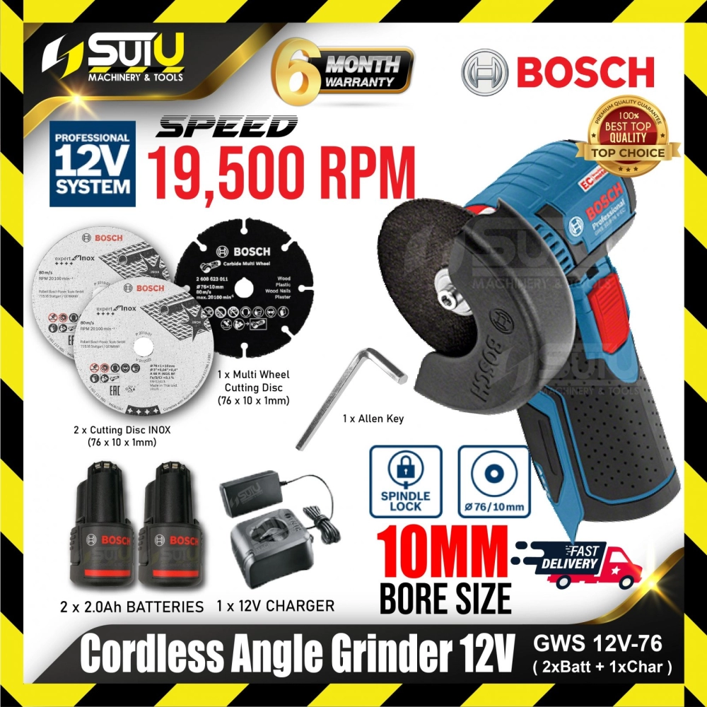 BOSCH GWS 12V-76 / GWS12V-76 12V 10mm Cordless Angle Grinder 19500rpm w/ 2 x 2.0Ah Battery + 1 x Charger