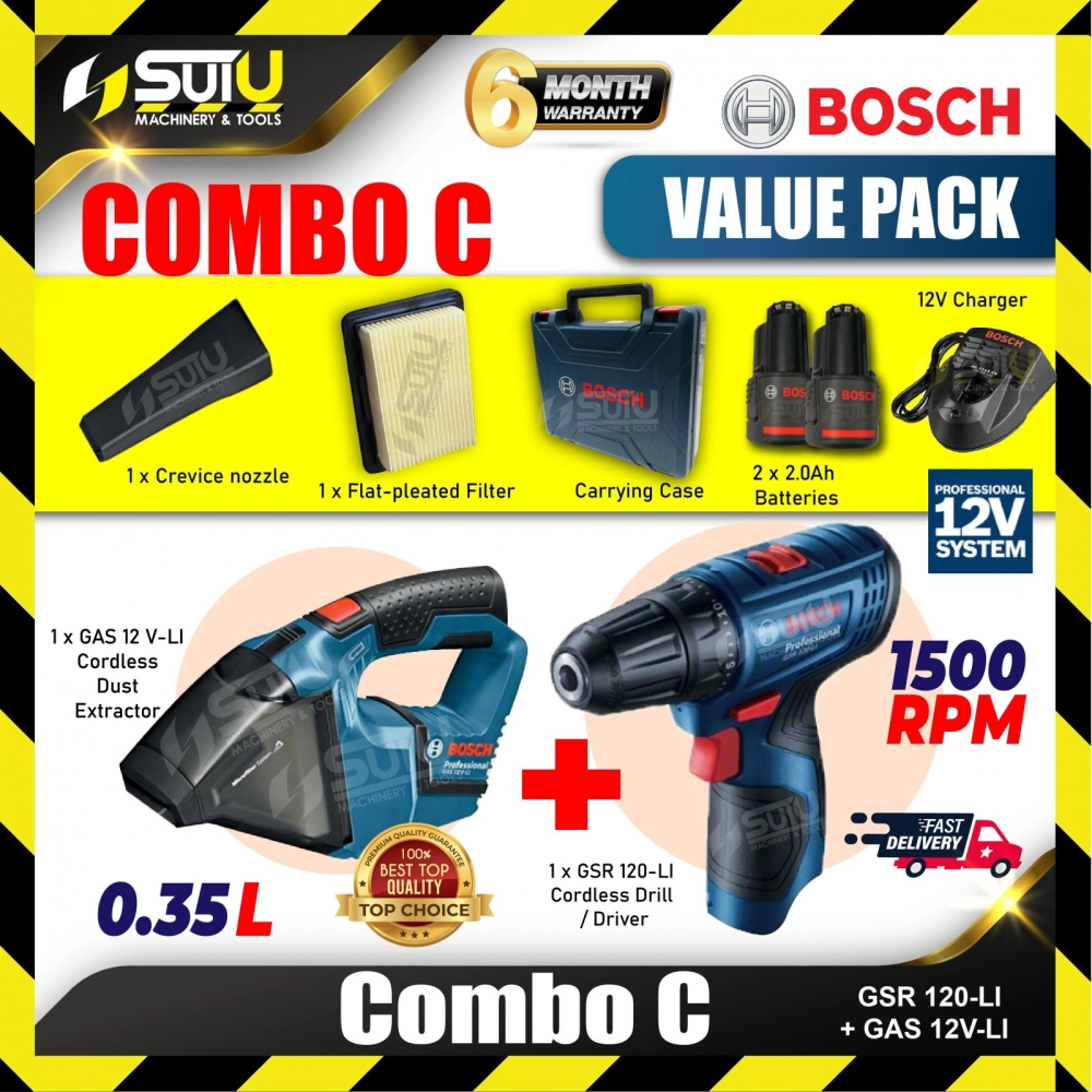 BOSCH COMBO C 12V GSR 120-LI Cordless Drill/ Driver + GAS 12V-LI Cordless Dust Extractor 
