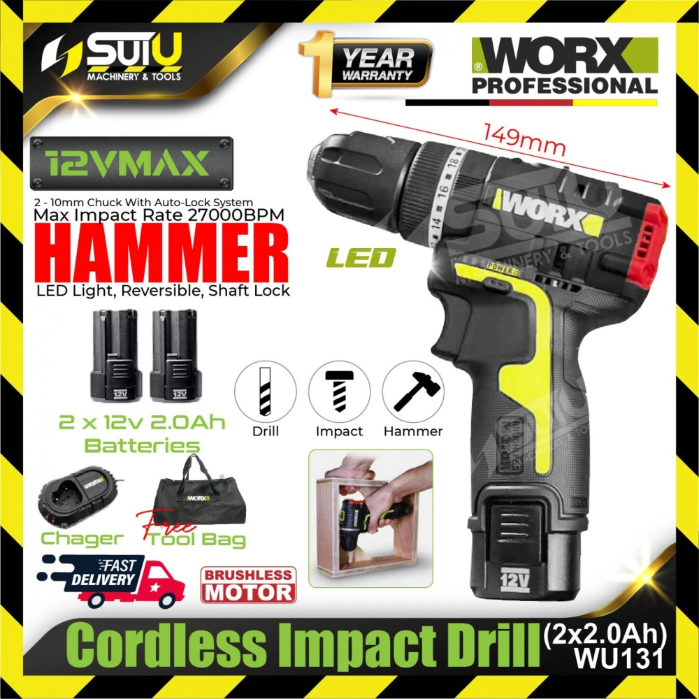 WORX WU131 12V Cordless Impact Drill 1800rpm w/ 2 x 2.0Ah Batteries + 1 x Charger