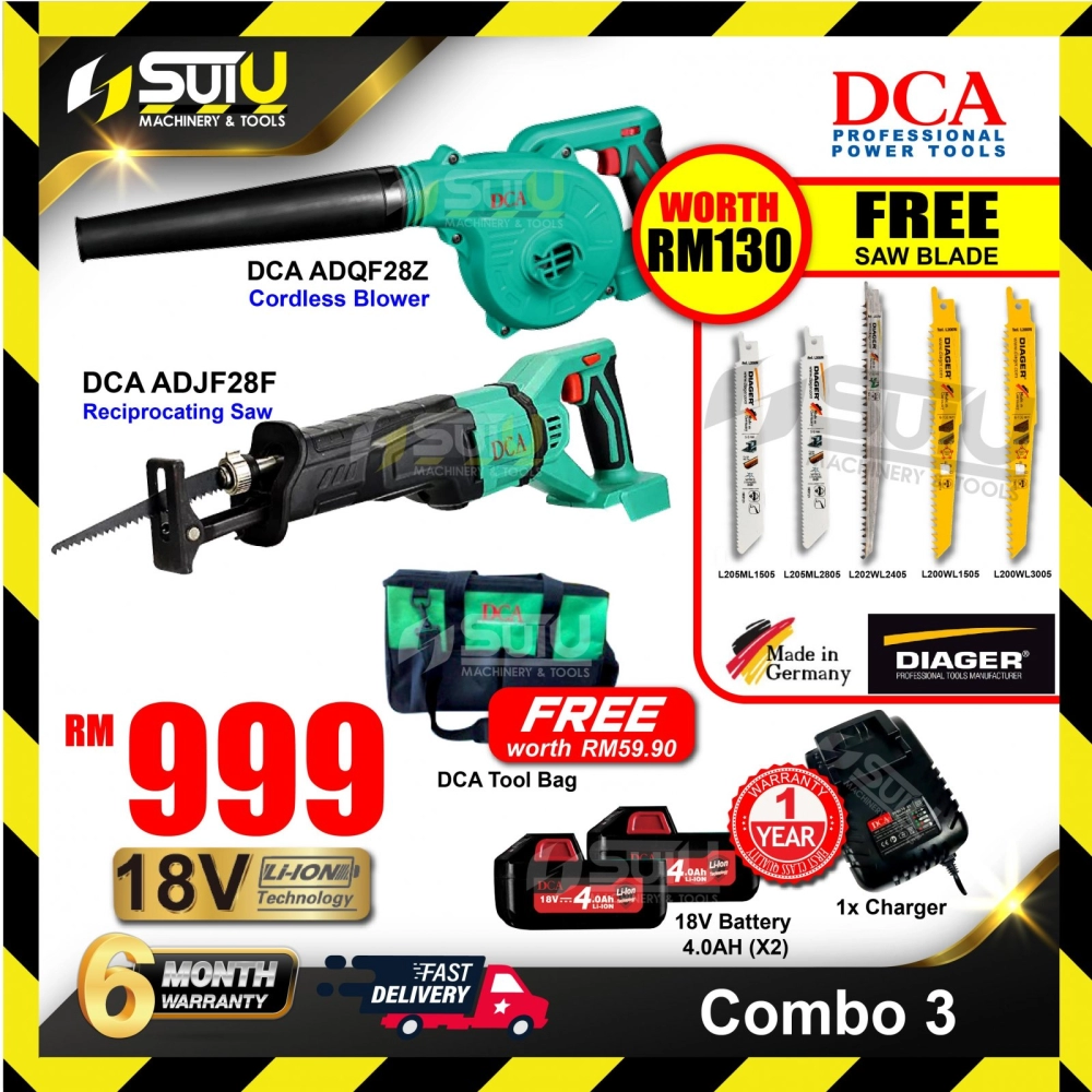 DCA Combo 3 ADQF28Z Cordless Blower + ADJF28F Reciprocating Saw w/ 2 x 4.0Ah Batteries + 1 x Charger