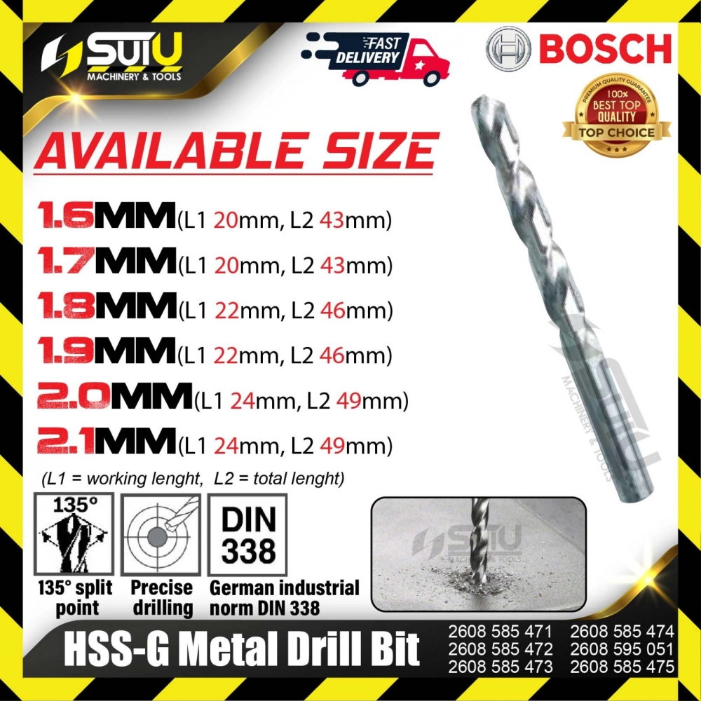 BOSCH 2608585471/ 585472/ 585473/ 585474/ 595051/ 585475 HSS-G Metal Drill Bit (1.6mm -2.1mm)