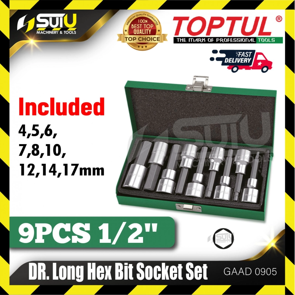 TOPTUL GAAD0905 9pcs 1/2" Dr. Long Hex Bit Socket Set