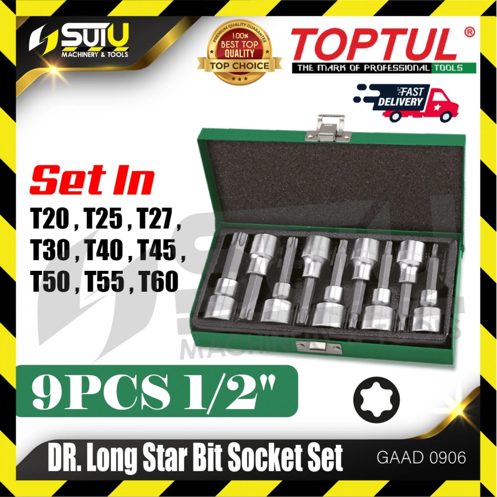 TOPTUL GAAD0906 9pcs 1/2" Dr. Long Star Bit Socket Set