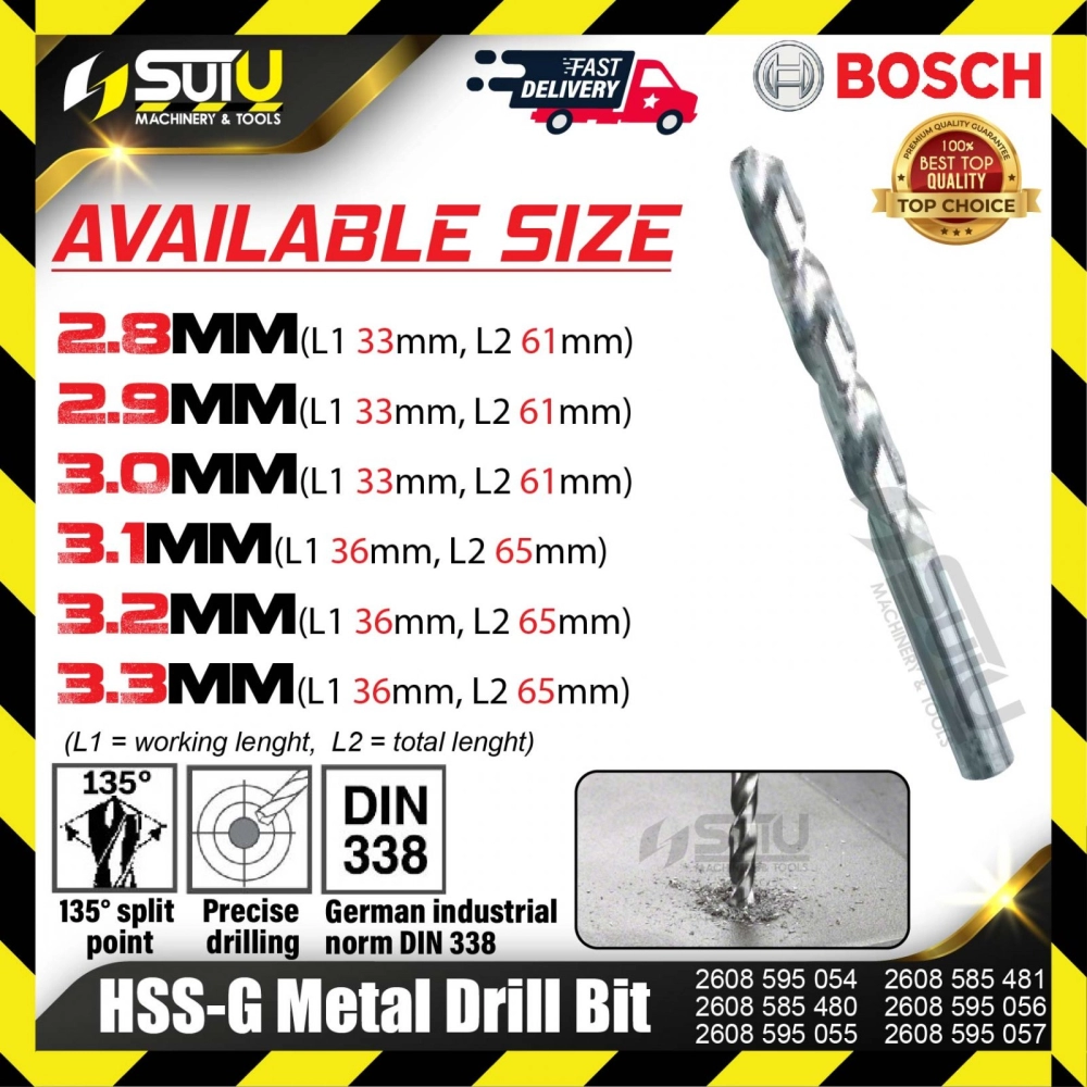 BOSCH 2608595054/ 585480/ 595055/ 585481/ 595056/ 595057 HSS-G Metal Drill Bit (2.8mm-3.3mm)