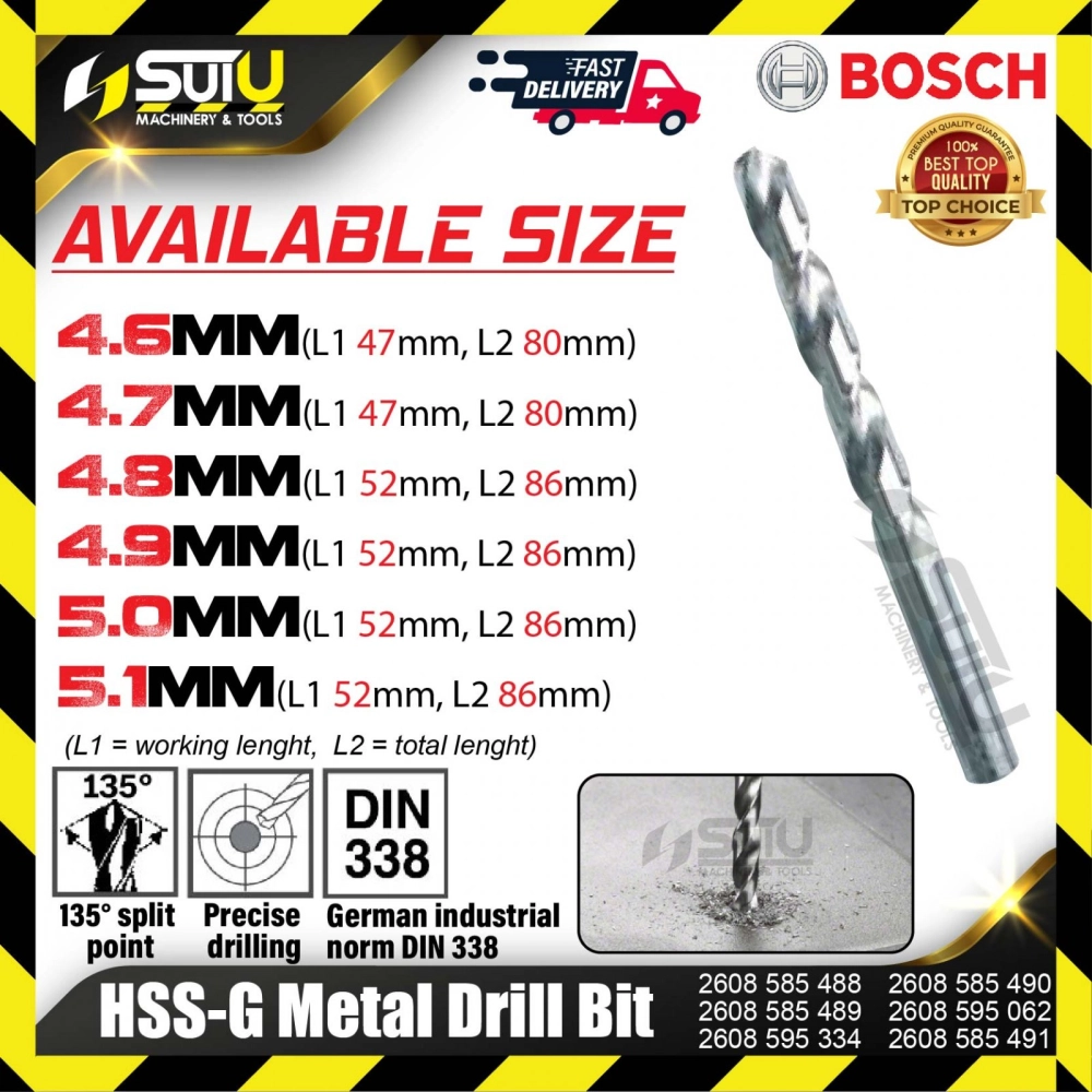 BOSCH 2608585488/ 585489/ 595334/ 585490/ 595062/ 585491 HSS-G Metal Drill Bit (4.6mm-5.1mm)