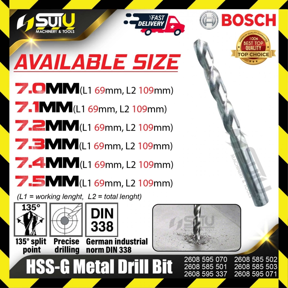 BOSCH 2608595070/ 585501/ 595337/ 585502/ 585503/ 595071 HSS-G Metal Drill Bit (7mm-7.5mm)