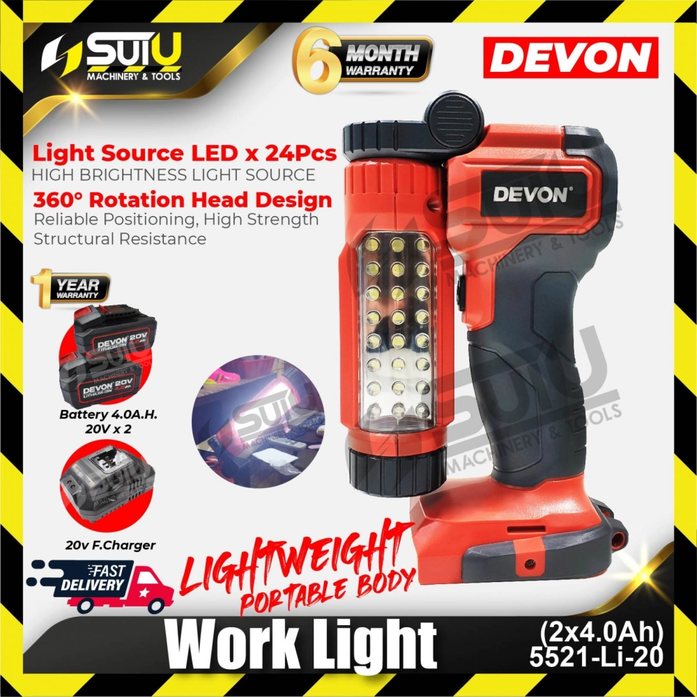 DEVON 5521-Li-20 20V LED Work light with 2 x 20V 4.0Ah Batteries + 1 x 20V Charger