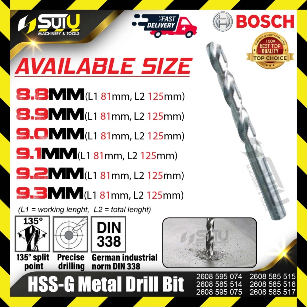 BOSCH 2608595074/ 585514/ 595075/ 585515/ 585516/ 585517 HSS-G Metal Drill Bit (8.8mm-9.3mm)
