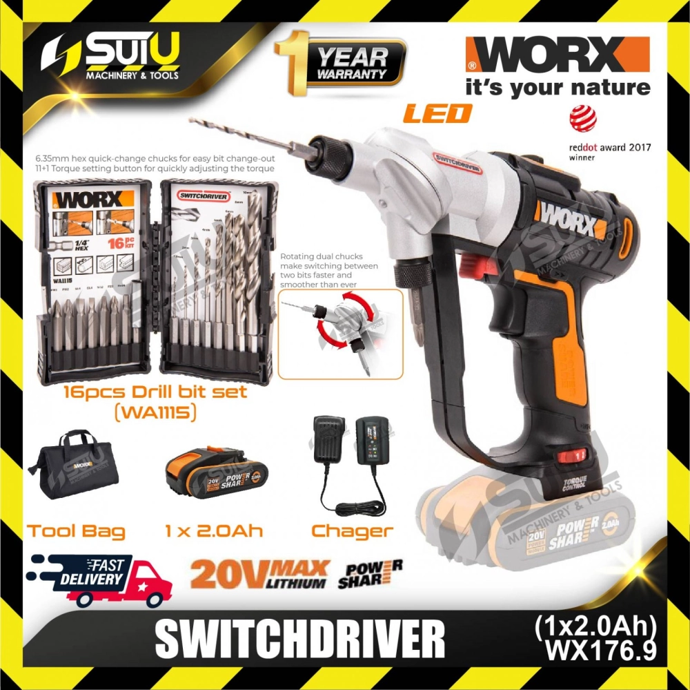 WORX WX176.9 20V Switchdriver 1500rpm w/ 1 x 2.0Ah Battery + 1 x Charger + 16pcs Drill Bit Set 