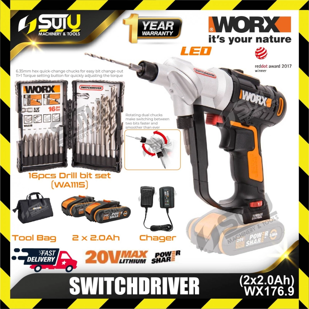 WORX WX176.9 20V Switchdriver 1500rpm w/ 2 x 2.0Ah Batteries + 1 x Charger + 16pcs Drill Bit Set 