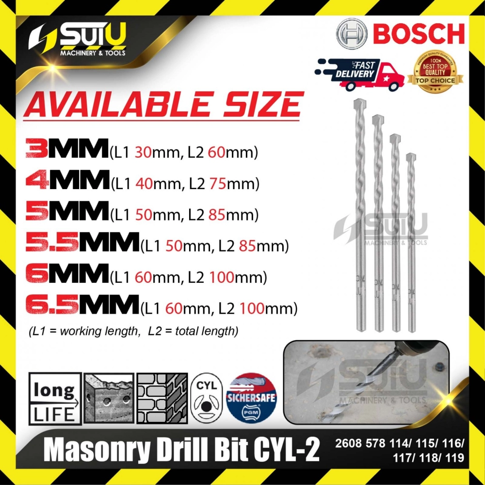 BOSCH 2608578114/ 115/ 116/ 117/ 118/ 119 1PCS 3-6.5MM Masonry Drill Bit CYL-2