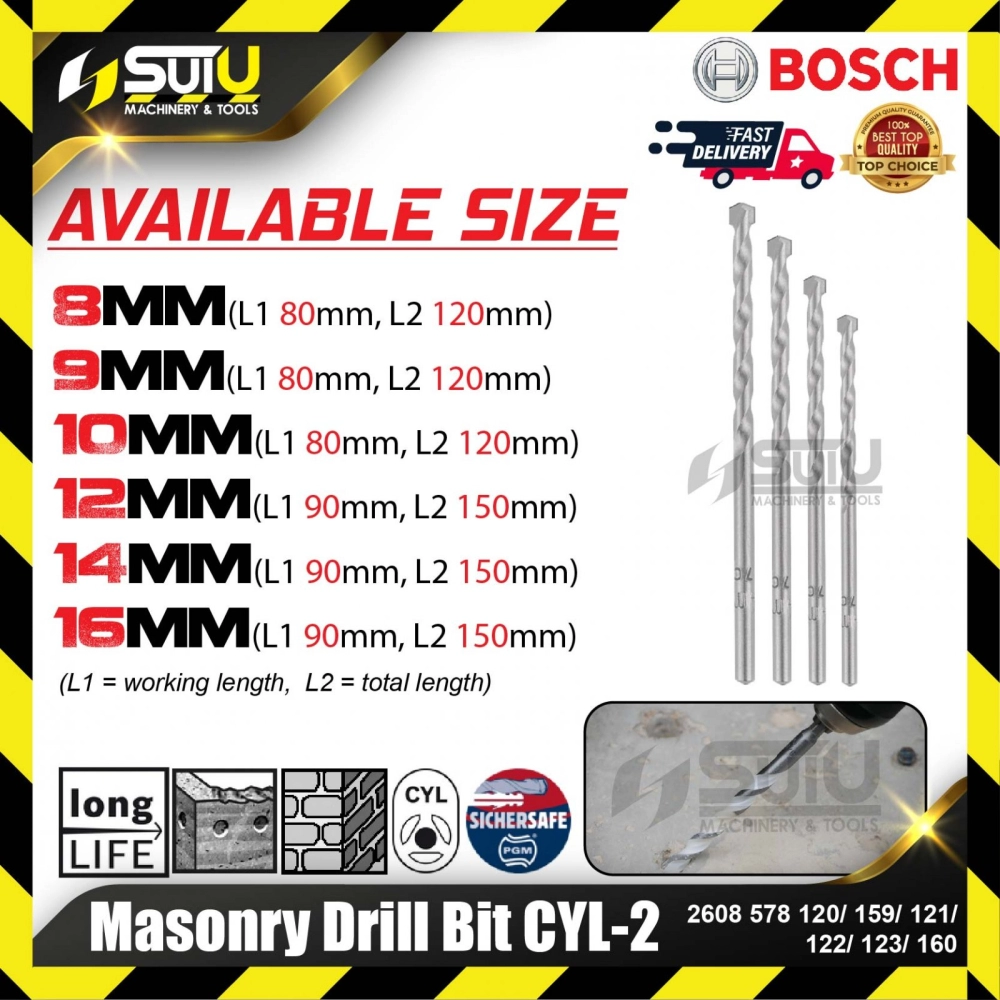 BOSCH 2608578120/ 159/ 121/ 122/ 123/ 160 1PCS 8-16MM Masonry Drill Bit CYL-2