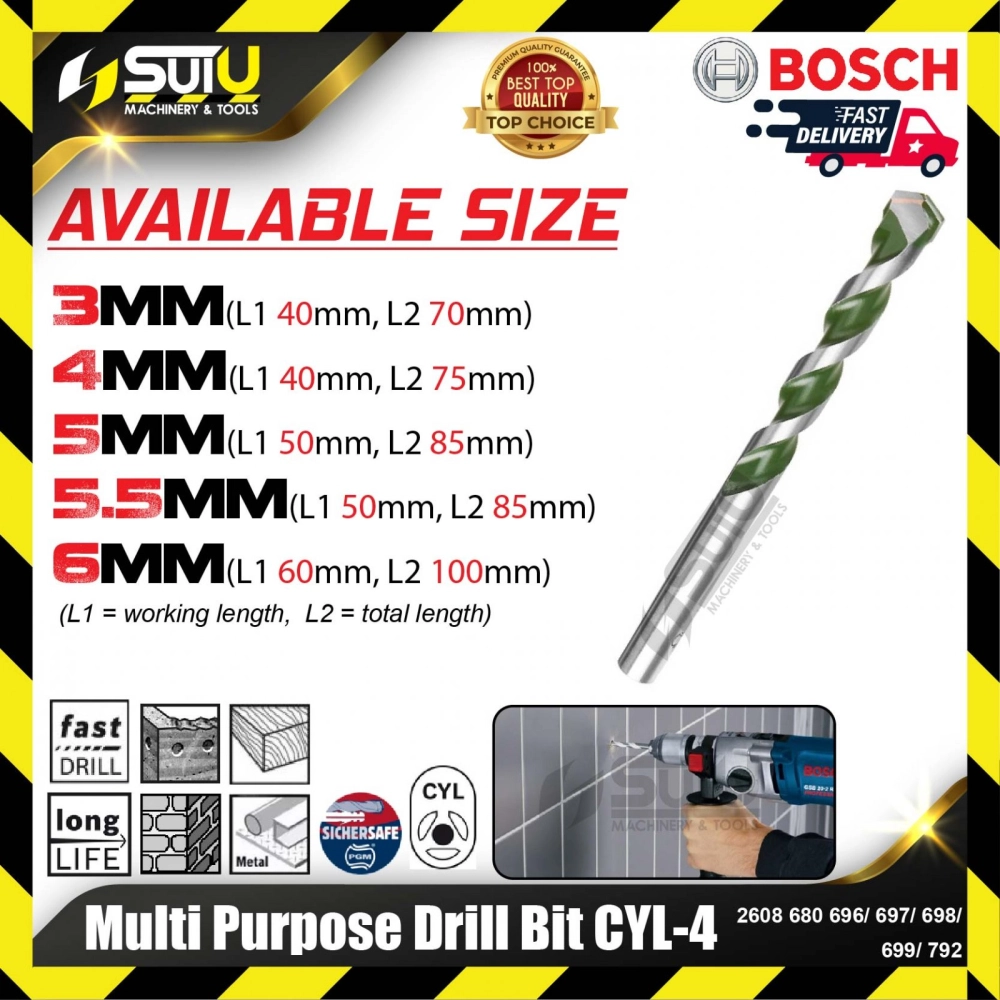 BOSCH 2608680696/ 697/ 698/ 699/ 792 3-6MM Multi Purpose Drill Bit CYL-4