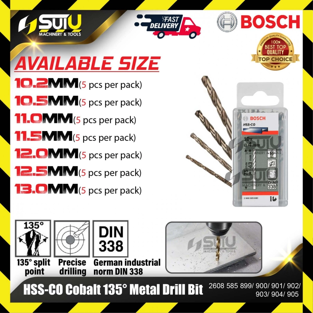 BOSCH 2608585899/ 900/ 901/ 902/ 903/ 904/ 905 5PCS 10.2-13MM HSS-CO Cobalt 135° Metal Drill Bit