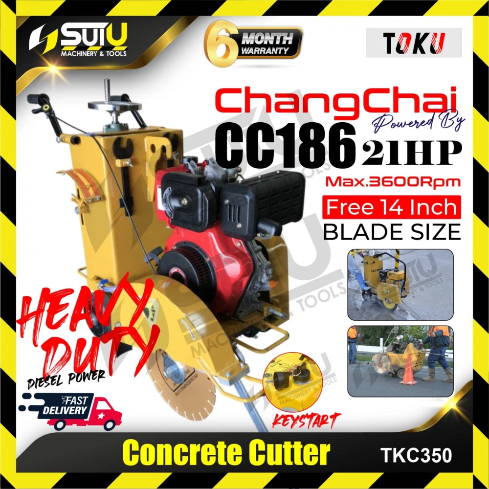 TOKU TKC350 21HP Heavy Duty Air-Cooled Diesel Concrete Cutter c/w ChangChai CC186 Keystart (1 x 14” Blade) 3600rpm