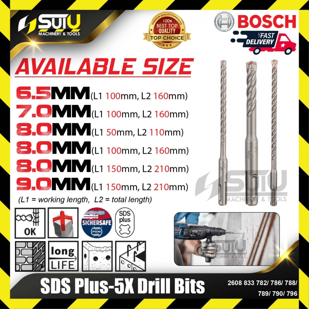 BOSCH 2608833782/ 786/ 788/ 789/ 790/ 796 SDS PLUS-5X Drill Bits (6.5-9.0mm)