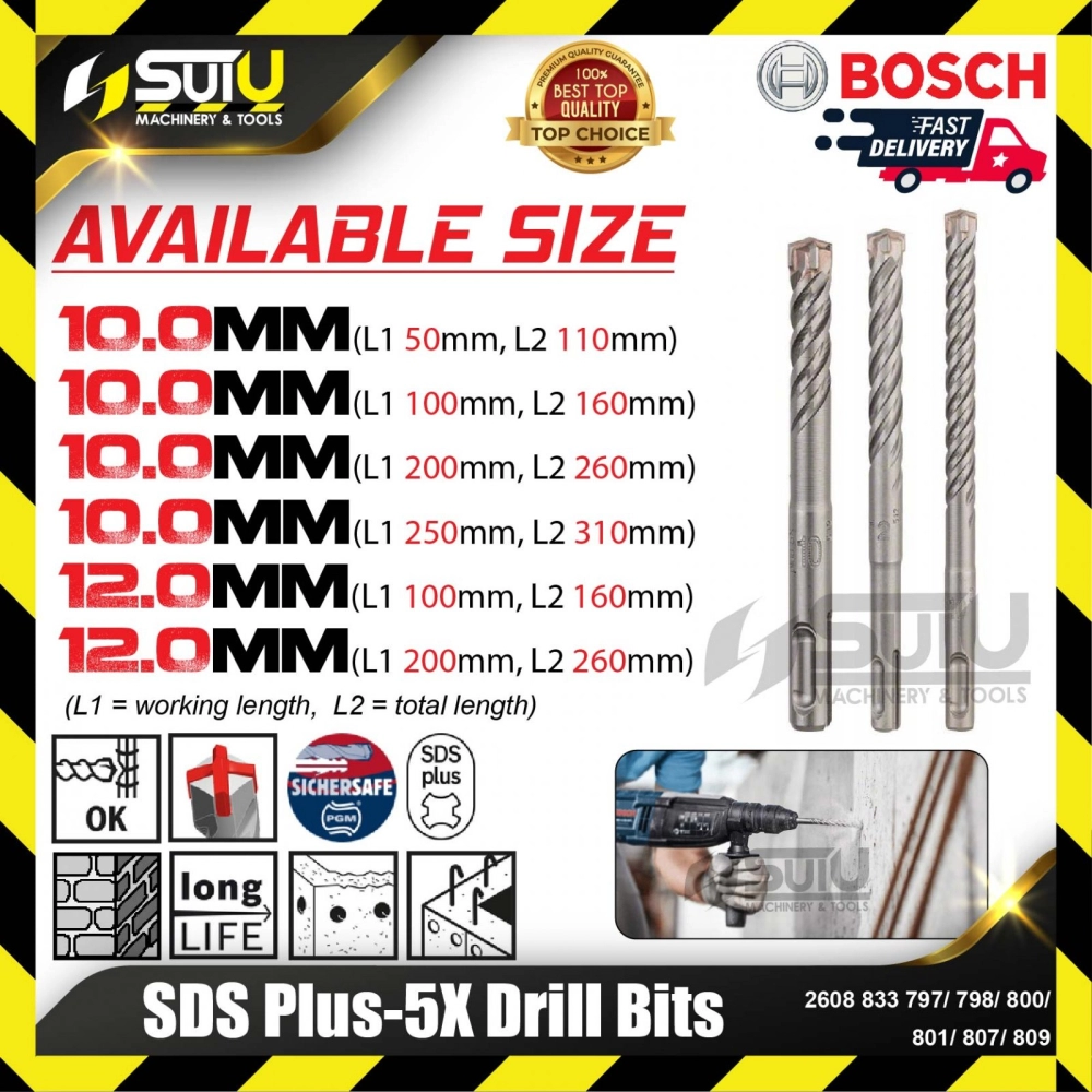 BOSCH 2608833797/ 798/ 800/ 801/ 807/ 809 SDS PLUS-5X Drill Bits (10.0-12.0mm)