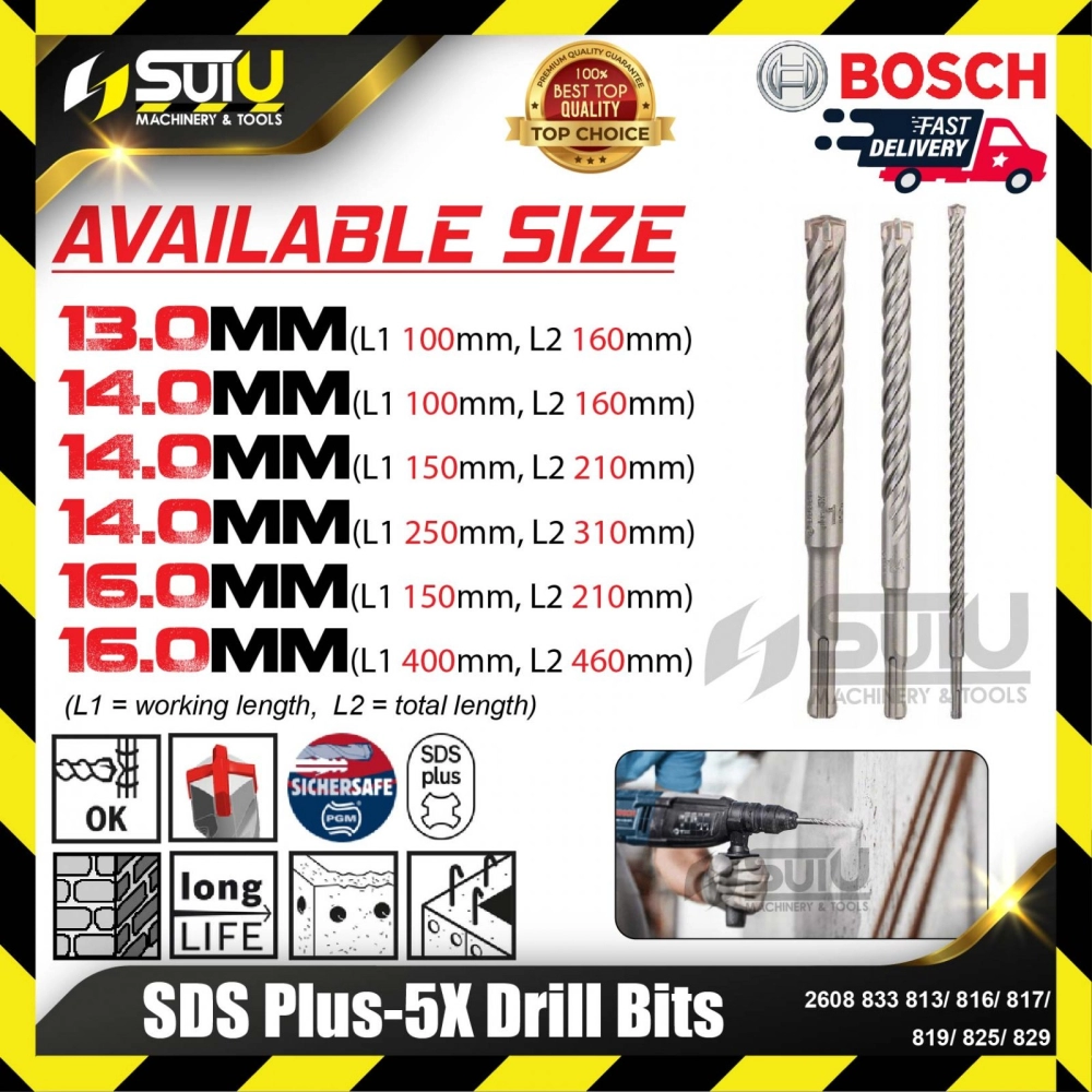 BOSCH 2608833813/ 816/ 817/ 819/ 825/ 829 SDS PLUS-5X Drill Bits (13.0-16.0mm)
