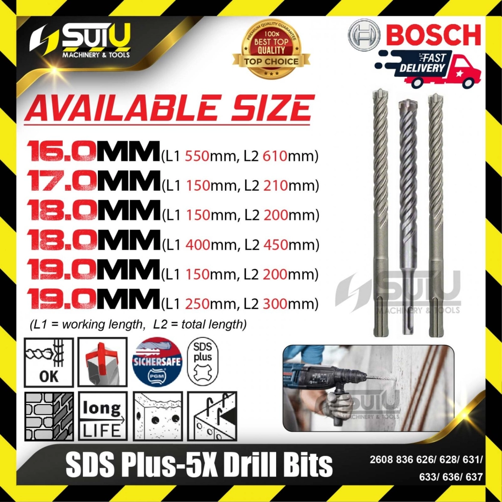 BOSCH 2608836626/ 628/ 631/ 633/ 636/ 637 SDS PLUS-5X Drill Bits (16.0-19.0mm)