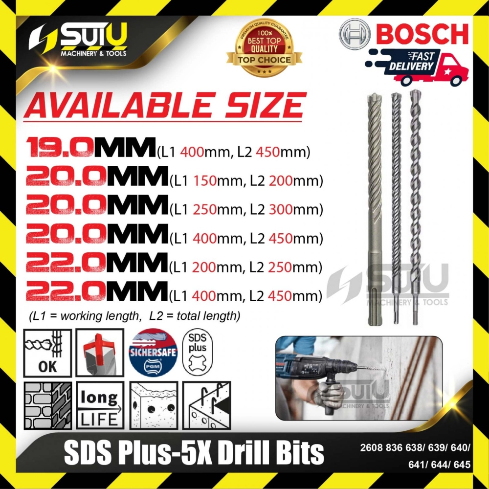 BOSCH 2608836638/ 639/ 640/ 641/ 644/ 645 SDS PLUS-5X Drill Bits (19.0-22.0mm)