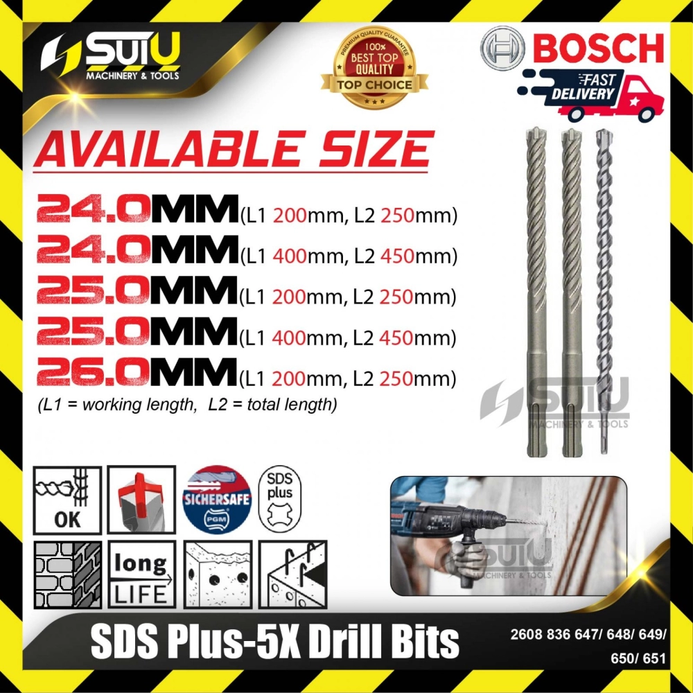 BOSCH 2608836647/ 648/ 649/ 650/ 651 SDS PLUS-5X Drill Bits (24.0-26.0mm)