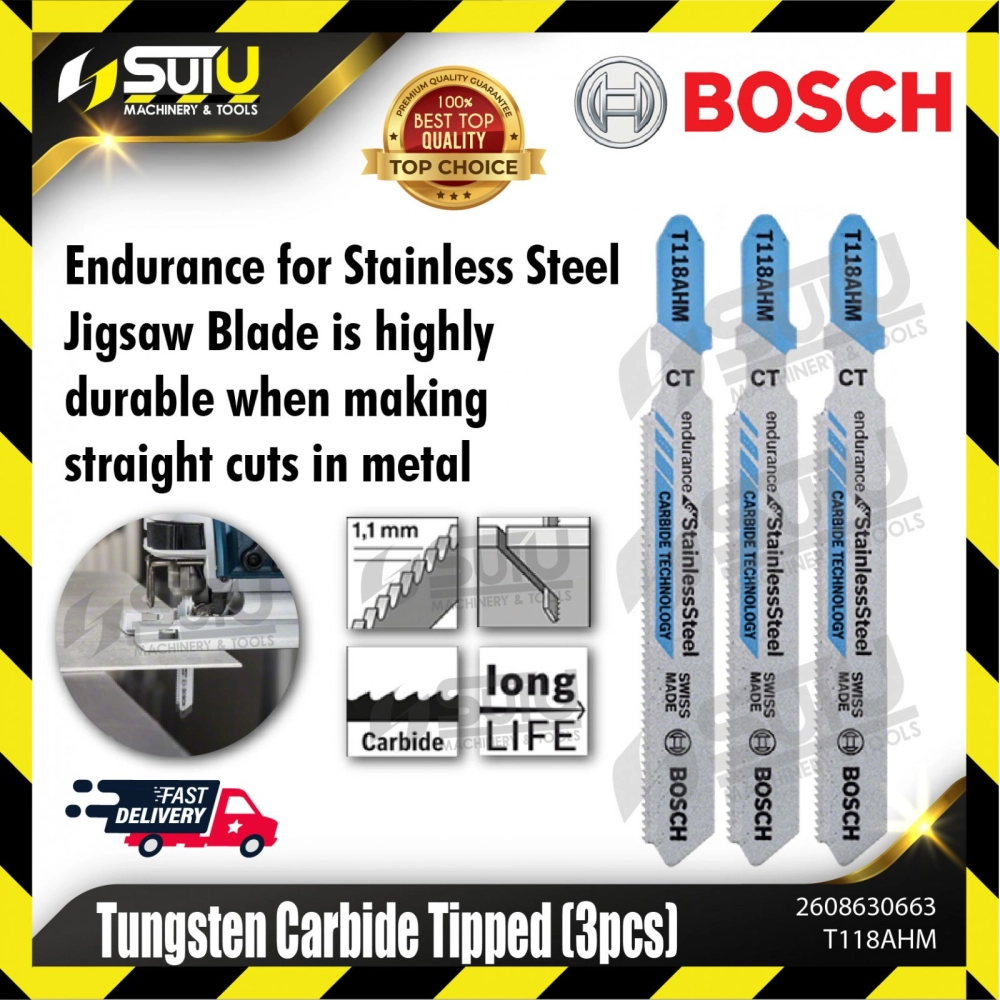 BOSCH 2608630663 (T118AHM) 3pcs Tungsten Carbide (TC) Tipped Jig Saw Blades 83mm