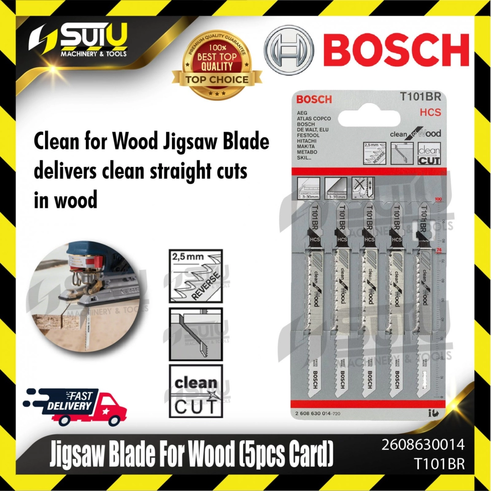 BOSCH 2608630014 (T101BR) 5PCS Jigsaw Blade for Wood 100mm (Reversed Teeth , Fine straight cut 4~30mm)