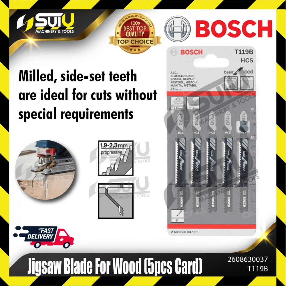 BOSCH 2608630037 (T119B) 5PCS Jigsaw Blades For Wood 92mm (Chipboard 2~30mm, Perspex 2~20mm)