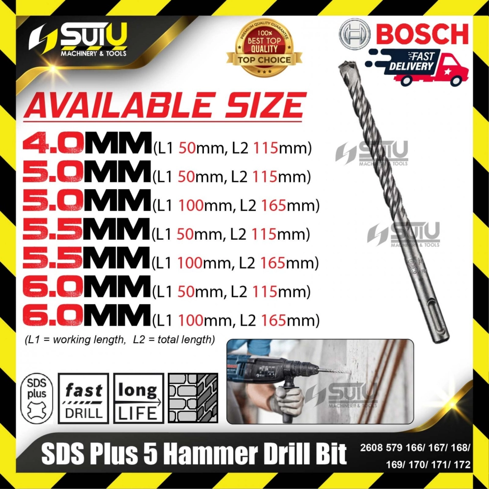 BOSCH 2608579166/ 167/ 168/ 169/ 170/ 171/ 172 SDS Plus 5 Hammer Drill Bit (4.0-6.0mm)