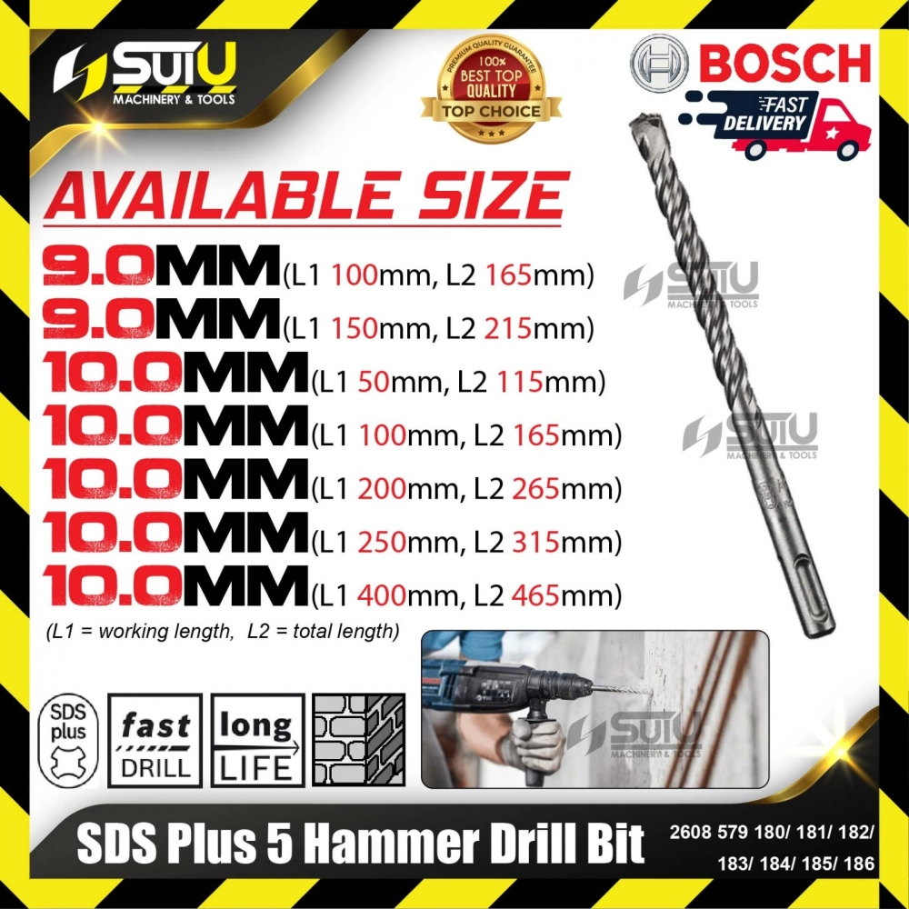 BOSCH 2608579180/ 181/ 182/ 183/ 184/ 185/ 186 SDS Plus 5 Hammer Drill Bit (9.0-10.0mm)