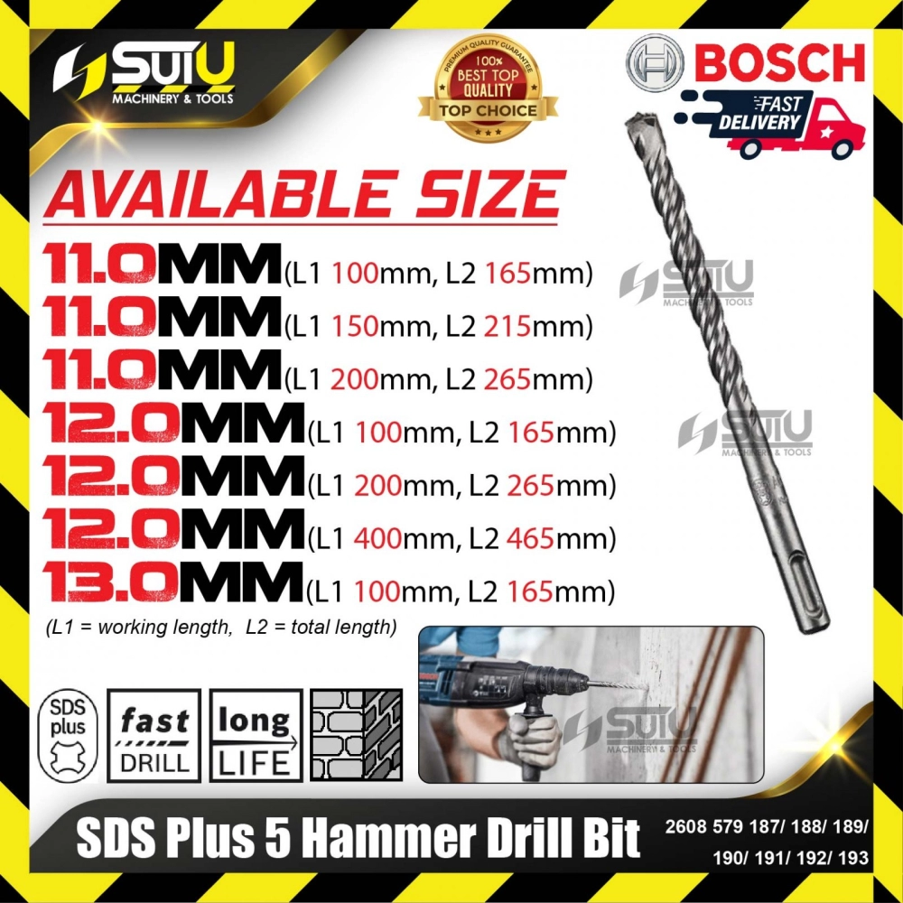 BOSCH 2608579187/ 188/ 189/ 190/ 191/ 192/ 193 SDS Plus 5 Hammer Drill Bit (11.0-13.0mm)