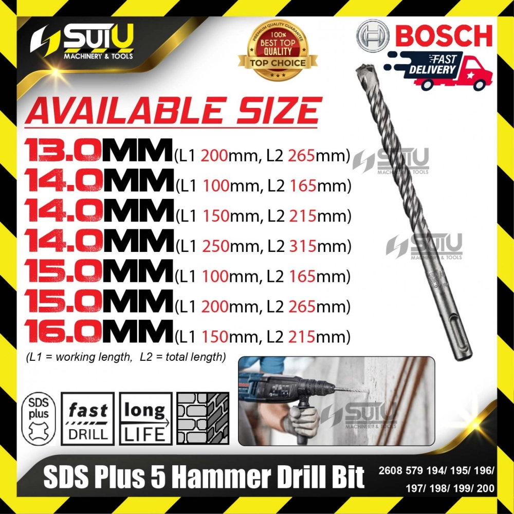 BOSCH 2608579194/ 195/ 196/ 197/ 198/ 199/ 200 13-16MM SDS Plus 5 Hammer Drill Bit