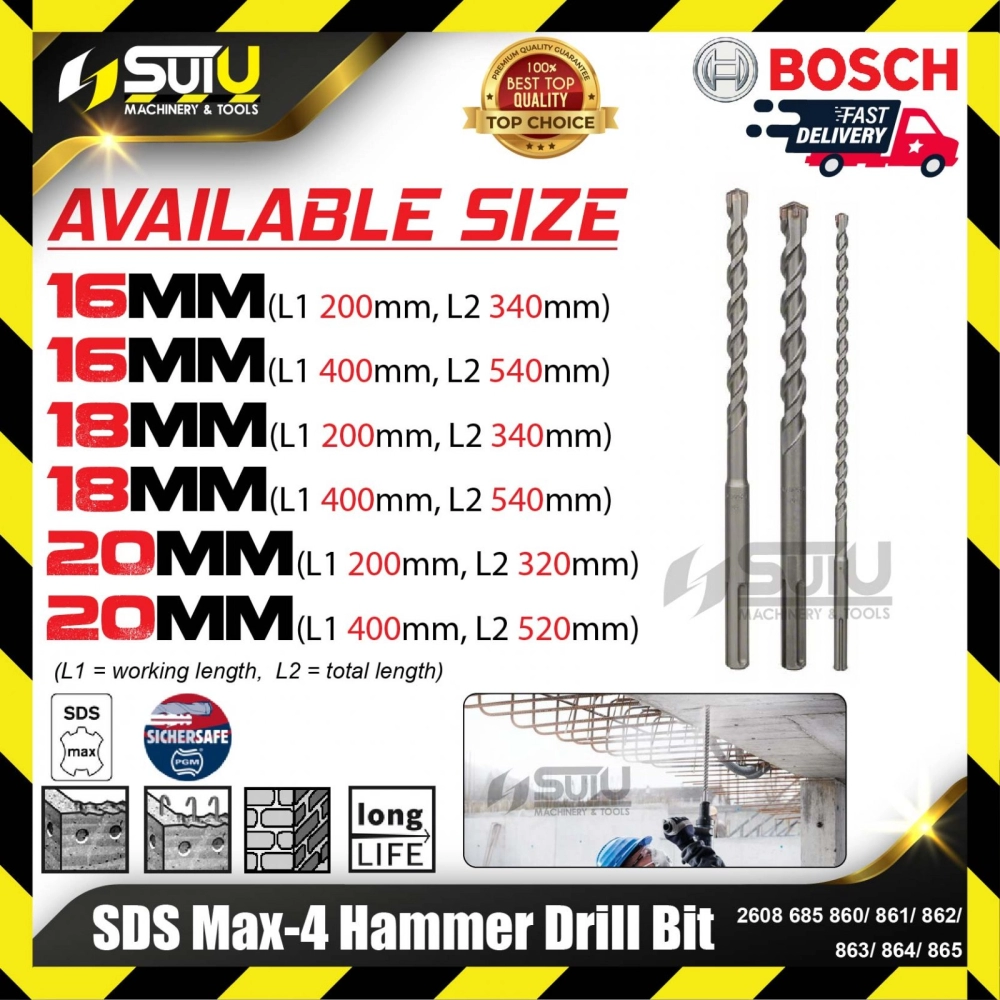 BOSCH 2608685860/ 861/ 862/ 863/ 864/ 865 SDS Max-4 Hammer Drill Bit (16-20mm)