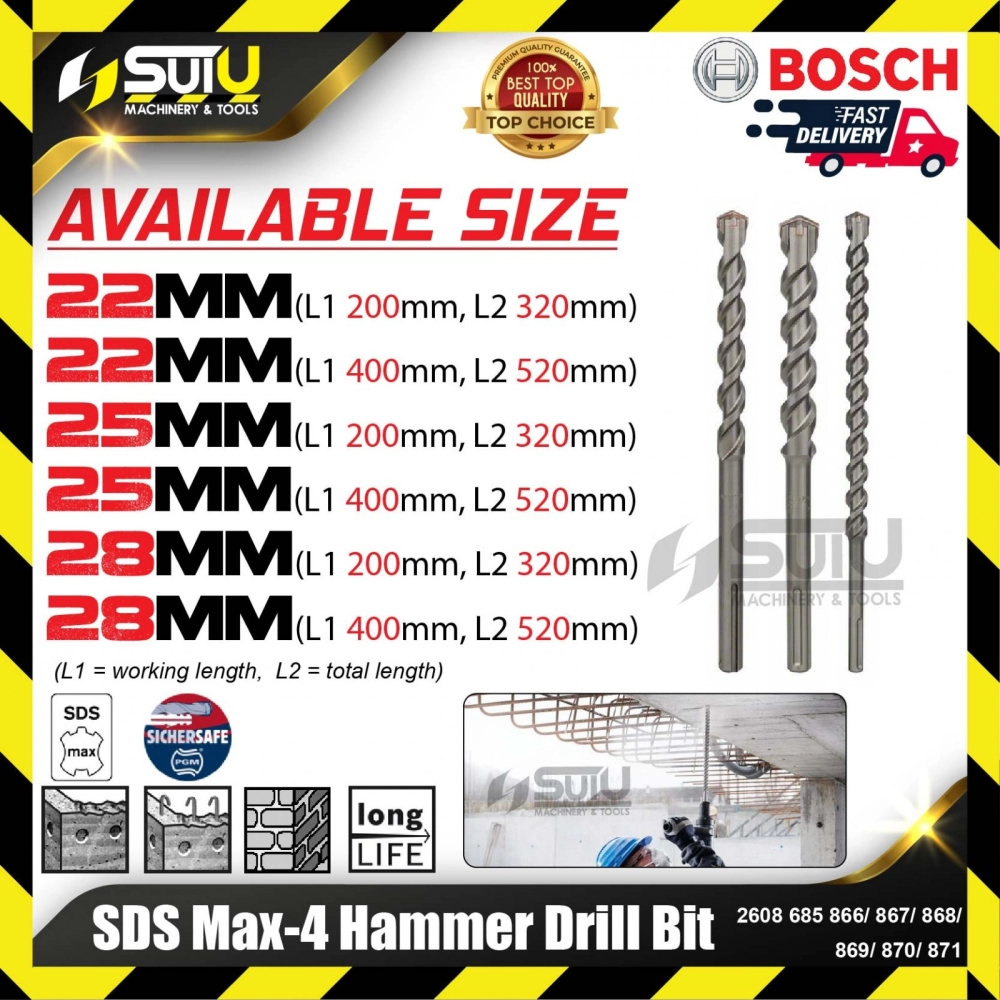 BOSCH 2608685866/ 867/ 868/ 869/ 870/ 871 SDS Max-4 Hammer Drill Bit (22-28mm)